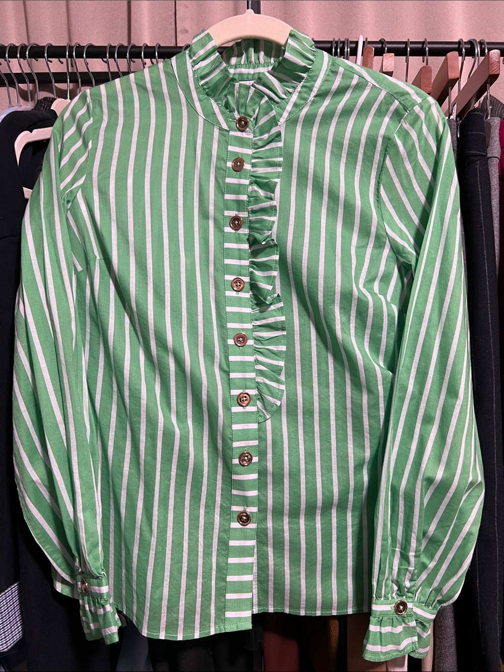 Talbots Green and White Striped Ruffle-Placket Shirt